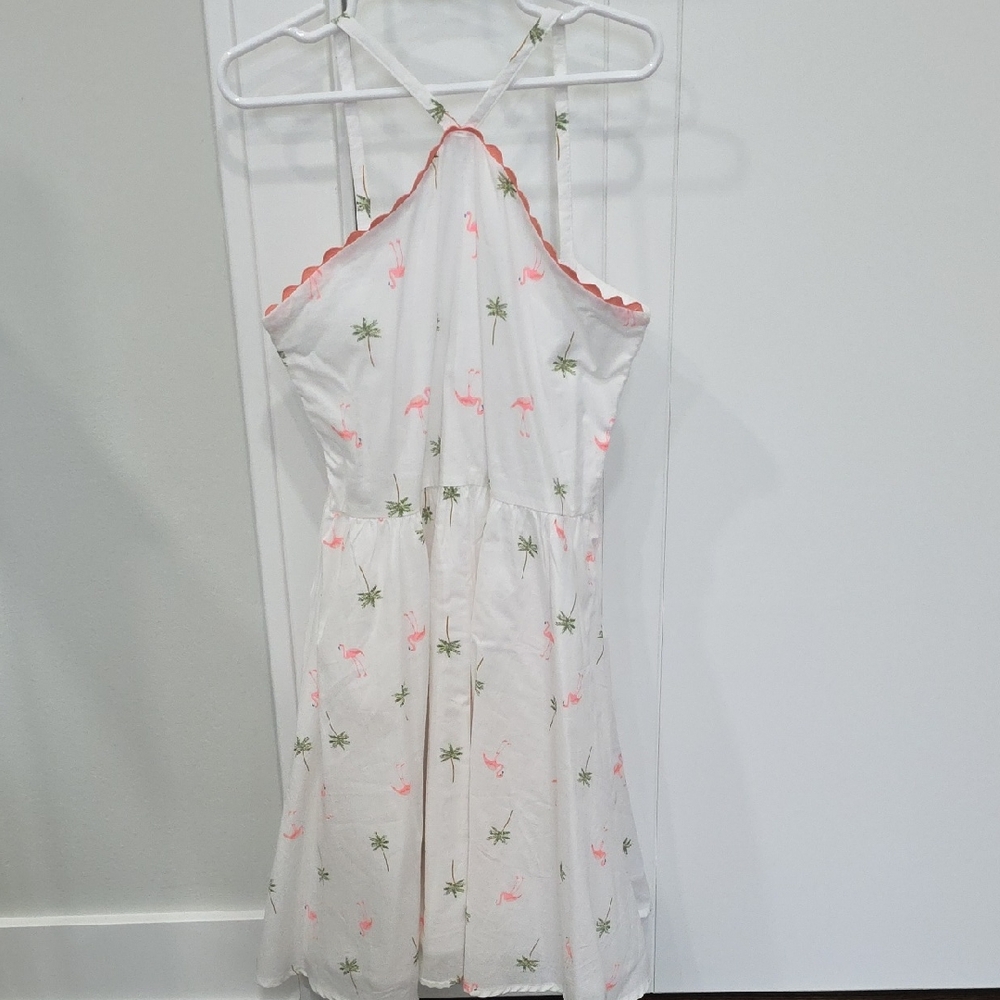 Janie and Jack White Dress with Pink Flamingos and Green Palms